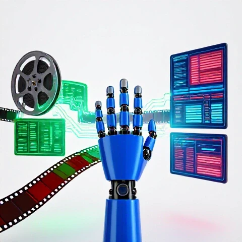 Futuristic robotic hand links glowing film strips with digital editing timeline amid bright, clean background