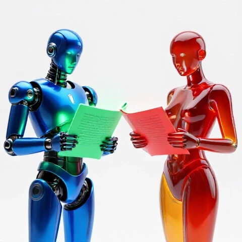 Split-screen scene of a futuristic robot and stylized human facing off, each holding a glowing script with bold colors.