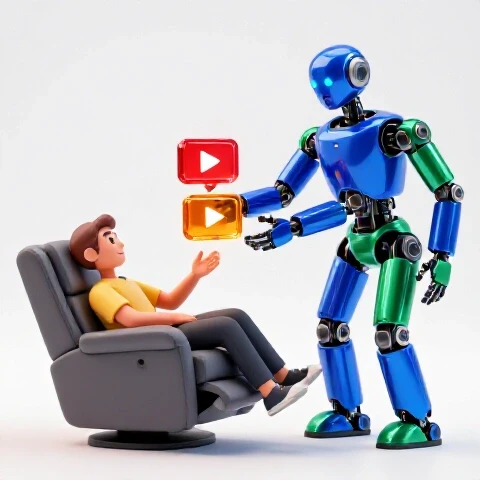Futuristic robot handing glowing video icons to a relaxed creator in a bright studio setting, showing efficient workflow.