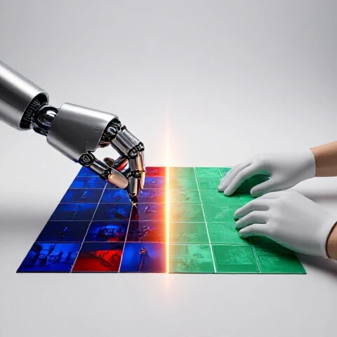 Dramatic split-screen of a robotic hand building video scenes and a human hand arranging storyboards, glowing contrast highlights automation versus creativity.