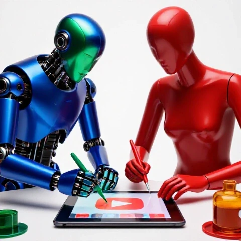 Split image shows a robot artist and human designer each creating eye-catching YouTube thumbnails in a bright studio setting.