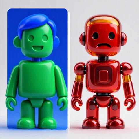 Split-screen showing two contrasting YouTube thumbnails: one lifelike and expressive, the other robotic and digital, on a bright studio background.