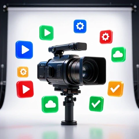 Futuristic digital marketplace with glowing subscription icons orbiting a central video camera on a bright white background.