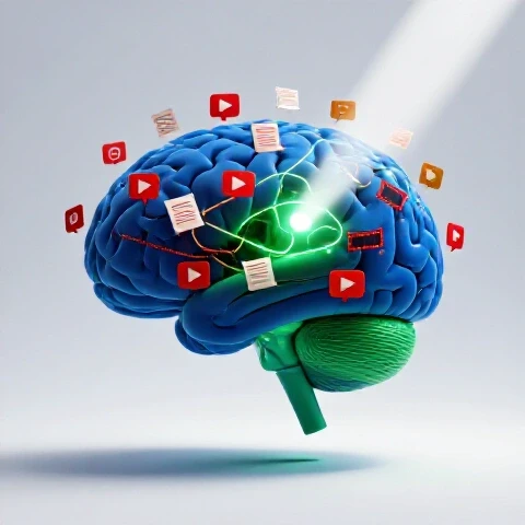 Futuristic glowing AI brain analyzing tangled video icons and scripts with a single clear path highlighted