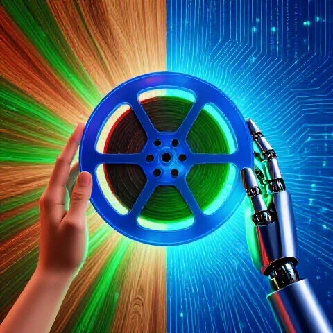 A human hand and robotic hand each hold a glowing film reel, set between organic textures and digital elements.