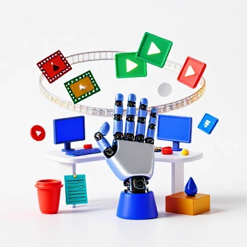 Robotic hand assembling vivid video editing icons and timelines around a creative digital workspace on a bright white background.