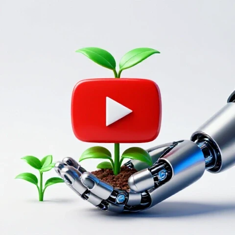 A futuristic robot hand nurturing a vibrant YouTube play button plant growing taller than others around it.