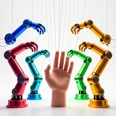 A confident human hand holds puppet strings that control glowing, metallic AI robot arms on a bright white background.