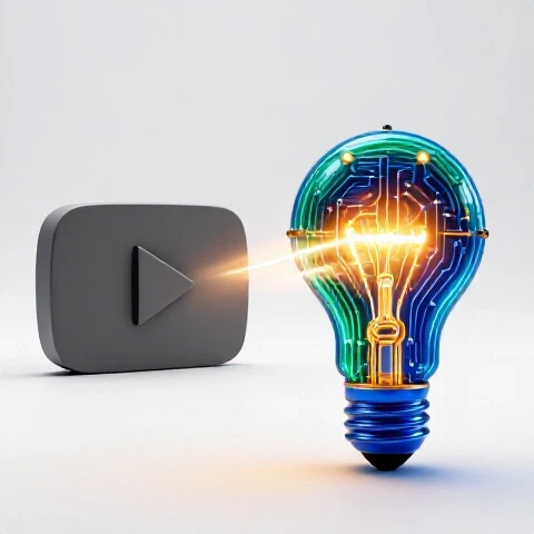 Gray YouTube icon wilting beside a glowing digital node lightbulb, connected by energetic beams.