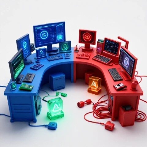 Split-screen image showing a vibrant, organized YouTube creator workspace with glowing AI icons contrasted against a cluttered, chaotic workspace with dull malfunctioning AI symbols.