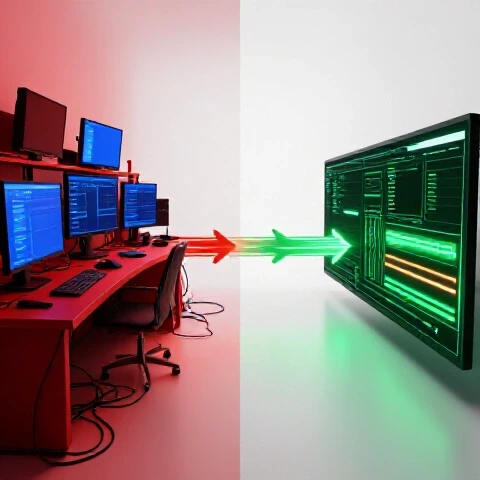 Split-screen image of messy video editing setup transforming into a clean, digital interface with bold colors and vivid lighting.