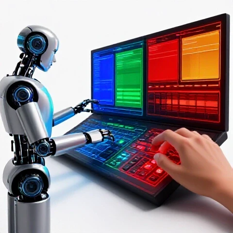 Split-screen scene showing an AI robot adjusting video frames and a human hand refining editing controls on a bright white background.