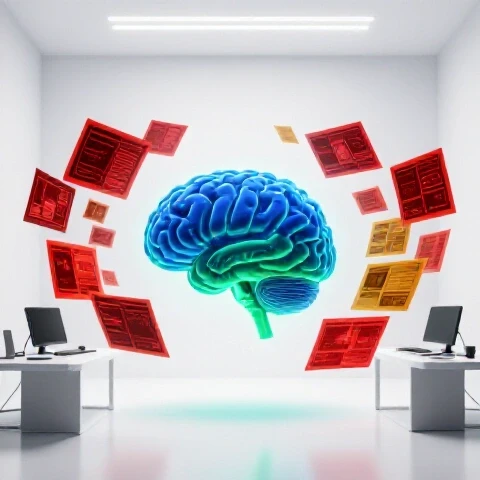 Futuristic workspace featuring a glowing holographic brain interacting with floating colorful storyboard frames