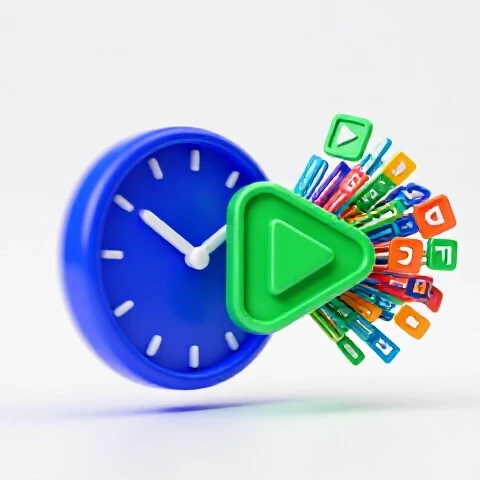 Split-screen of a spinning blue clock and a green video icon morphing into multiple video formats on a bright background.