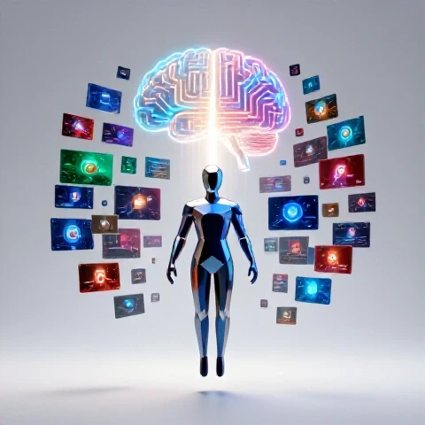Abstract AI brain and data path illuminating a digital creator surrounded by vibrant video thumbnails and data icons.