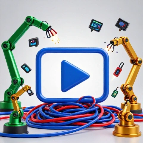 Frustration symbolized by tangled colored cords and malfunctioning robotic arms struggling to edit video icons on a bright studio background.