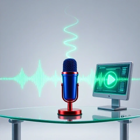Futuristic workspace featuring a glowing soundwave rising from a sleek microphone to a monitor with a vibrant play button.