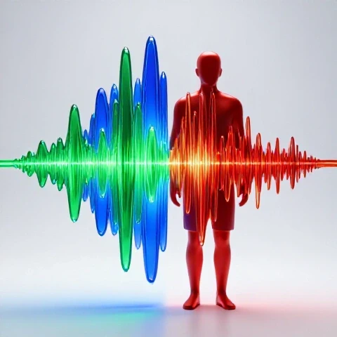 Split-screen image with futuristic blue-green AI waveform and red-amber soundwaves from a human silhouette on a bright background.