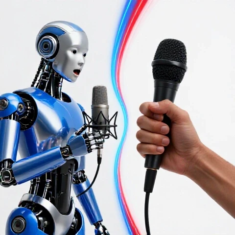 Futuristic AI robot and realistic human hand each speaking into microphones, divided by a dynamic light effect on a clean white background.