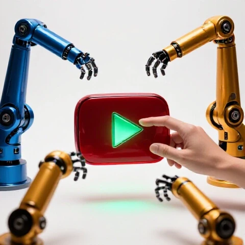 A human hand shapes a glowing YouTube play button surrounded by robotic arms on a bright studio background.