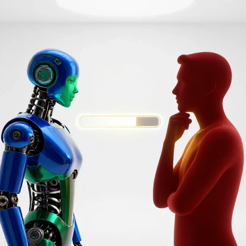 Split-screen of a futuristic robot and a stylized human focusing on a fluctuating glowing progress bar in a bright studio.