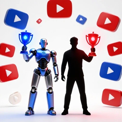 Futuristic robot and human each holding glowing trophies, competing before YouTube play buttons in a bright, clean studio setting.