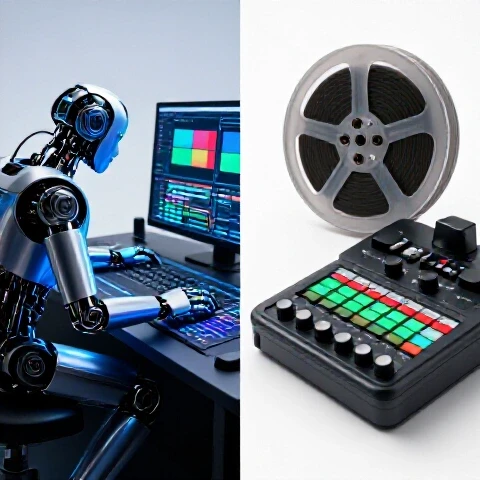 Split image with a high-tech robot editing video clips and classic editing tools on a bright white background highlighting contrast.