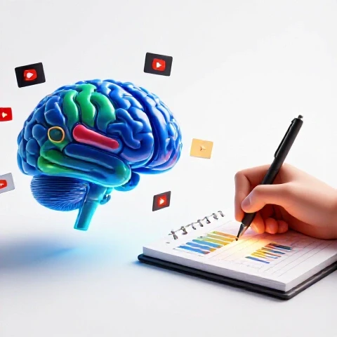 Split-screen image showing a glowing AI brain analyzing video thumbnails and a hand taking notes with charts, on a bright background.
