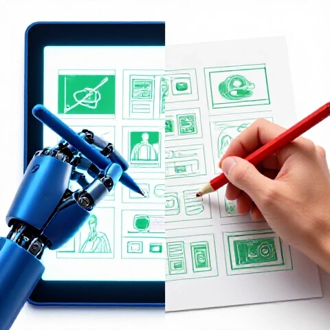 Split image of a robotic hand and a human hand each drawing vivid video storyboards with strong color contrast.