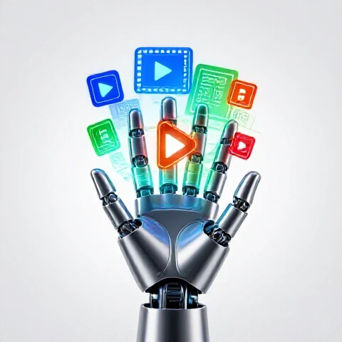 Futuristic robot hand crafting glowing video icons on a digital screen in a bright, clean studio.