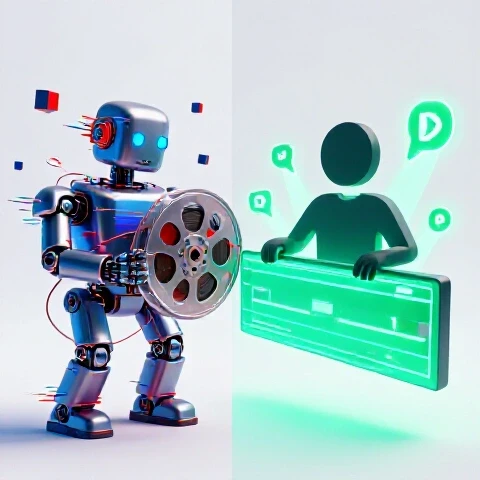 Split-screen showing glitching robot with tangled film reel beside confident creator icon and glowing video timeline.