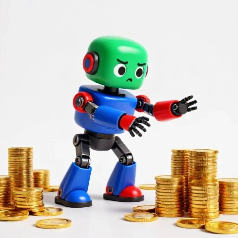 A frustrated robot reaches for overflowing gold coins that remain just out of reach in a brightly lit studio scene.