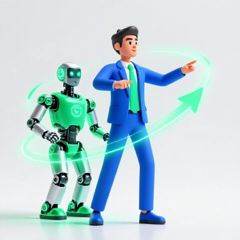 A confident human guides a glowing AI robot assistant surrounded by dynamic light trails on a bright background.