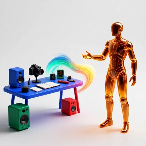 Split-scene image of a creative studio with vibrant tools and a futuristic AI silhouette offering a glowing hand, united by swirling energy.