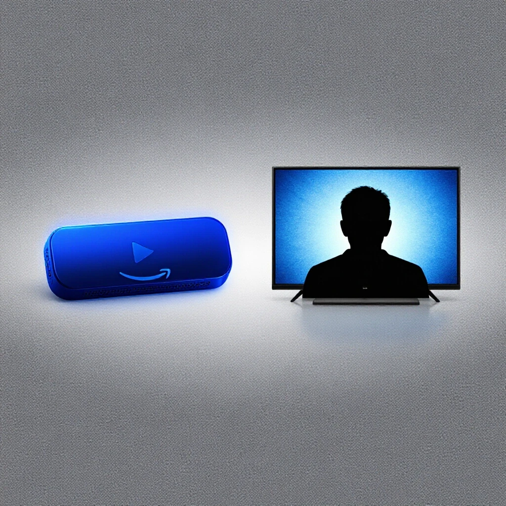 A split image with an Amazon Fire Stick glowing with vibrant colors on one side and a dark silhouette frustrated at a frozen TV screen on the other.