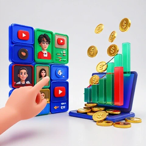 Split scene showing video thumbnails on one side and gold coins with analytics charts on the other, against a bright background.