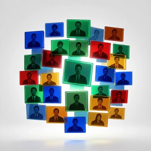 Vibrant floating collage of colorful video thumbnails glowing at the center of a bright white studio scene