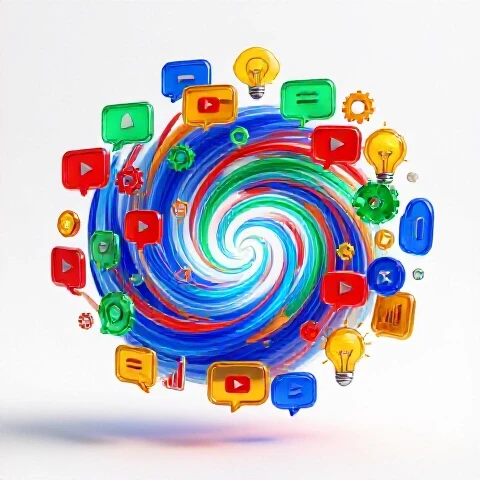 A swirling vortex of colorful YouTube comment bubbles transforming into vibrant strategy symbols on a bright background.