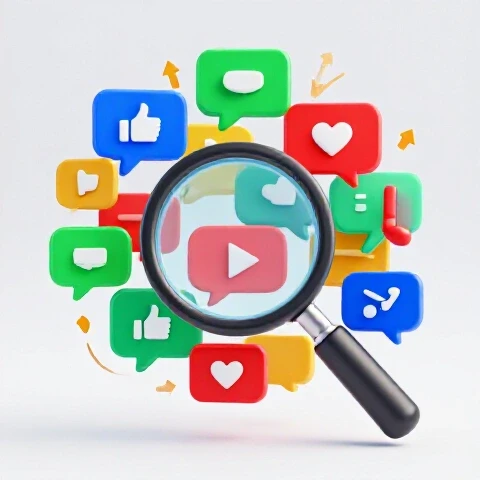 Magnifying glass examining colorful comment icons with upward arrows on a bright clean background.