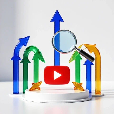 Magnifying glass examining colorful arrows converging toward a glowing YouTube play button on white background.