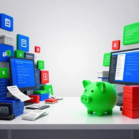 Split-screen image contrasting a chaotic digital workspace with receipts and software icons on one side and an organized desk with a glowing piggy bank on the other, representing YouTuber software cost management.