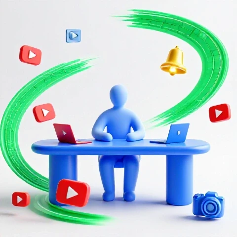 Serene abstract creator at a luminous desk, surrounded by swirling vivid video icons and editing symbols.