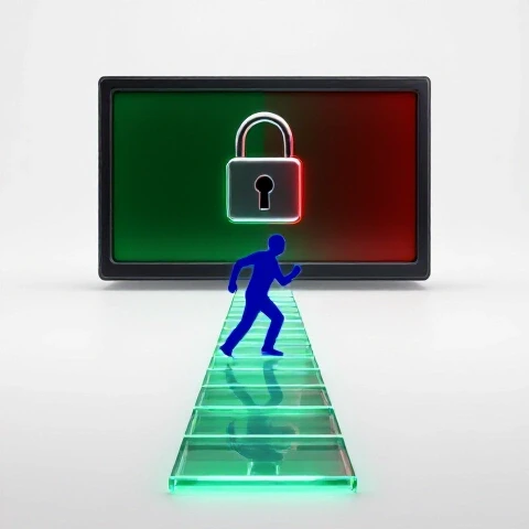 Dramatic locked video screen with bright glass pathway and abstract figure moving toward lock, intense colors and bright studio lighting.