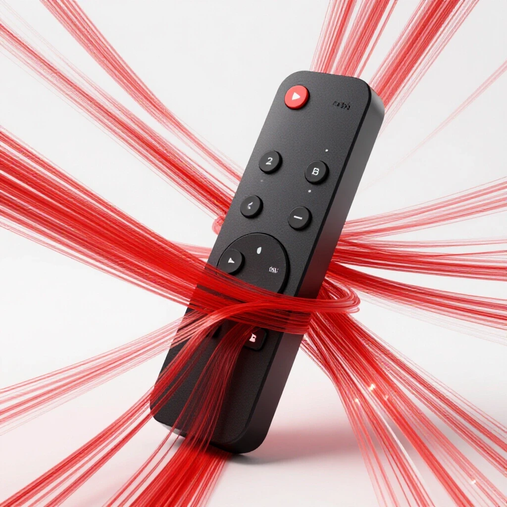 A polished Apple TV remote surrounded by glowing digital streams representing YouTube videos in vibrant colors.
