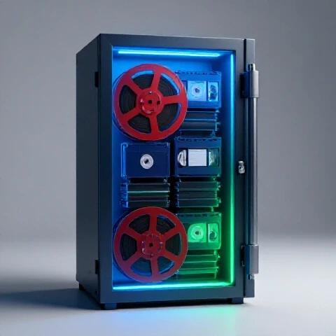 Old film reels and vintage video tapes being locked in a glowing modern digital vault, surrounded by light.