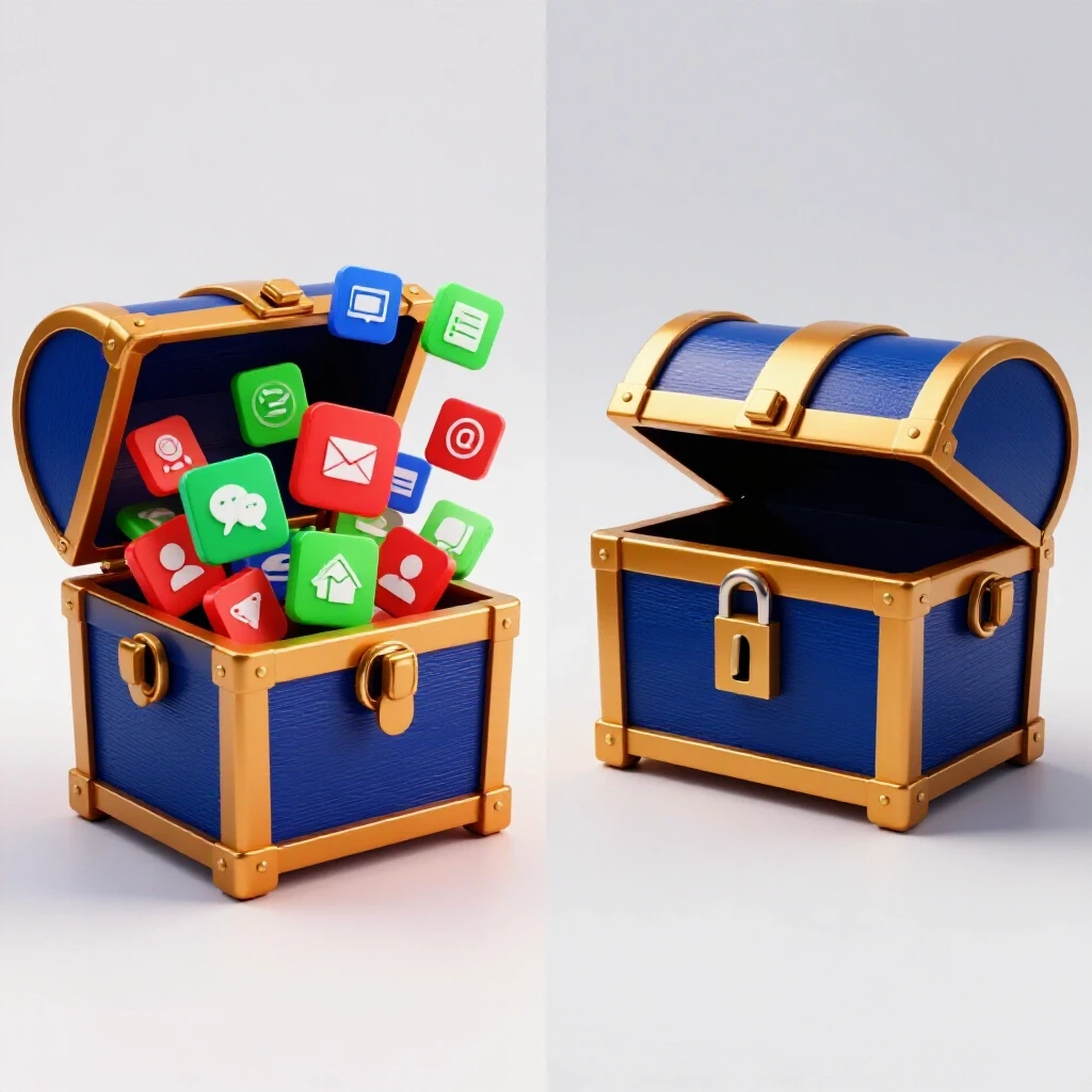 A split-screen image showing a treasure chest overflowing with video icons and a locked chest symbolizing video privacy.