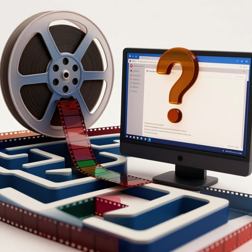 A split-screen composition showcasing a film reel unraveling into a maze on one side and a YouTube interface with a question mark on the other, symbolizing legality of movies.