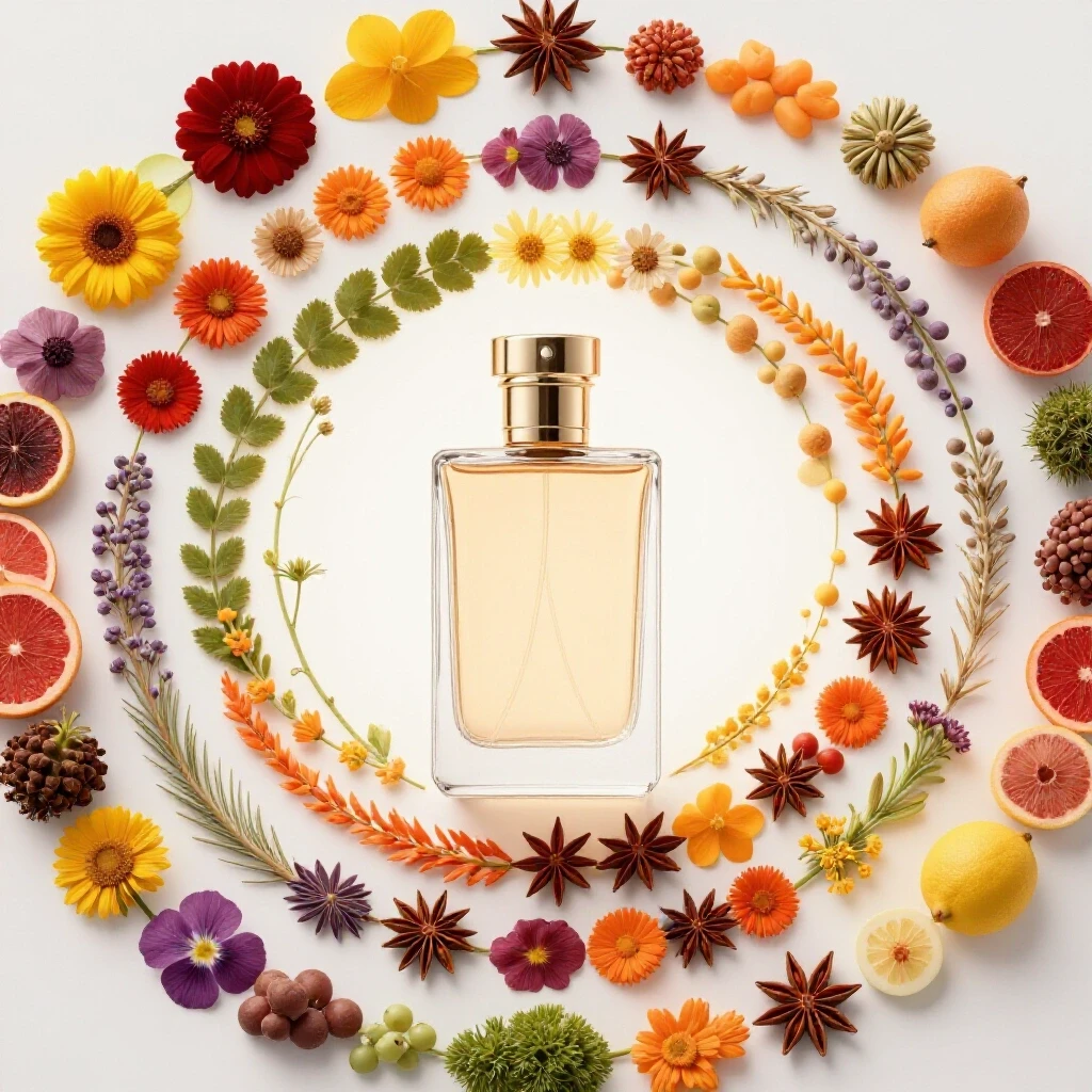 An elegant perfume bottle surrounded by a vibrant array of artisanal ingredients, beautifully arranged in a spiral.