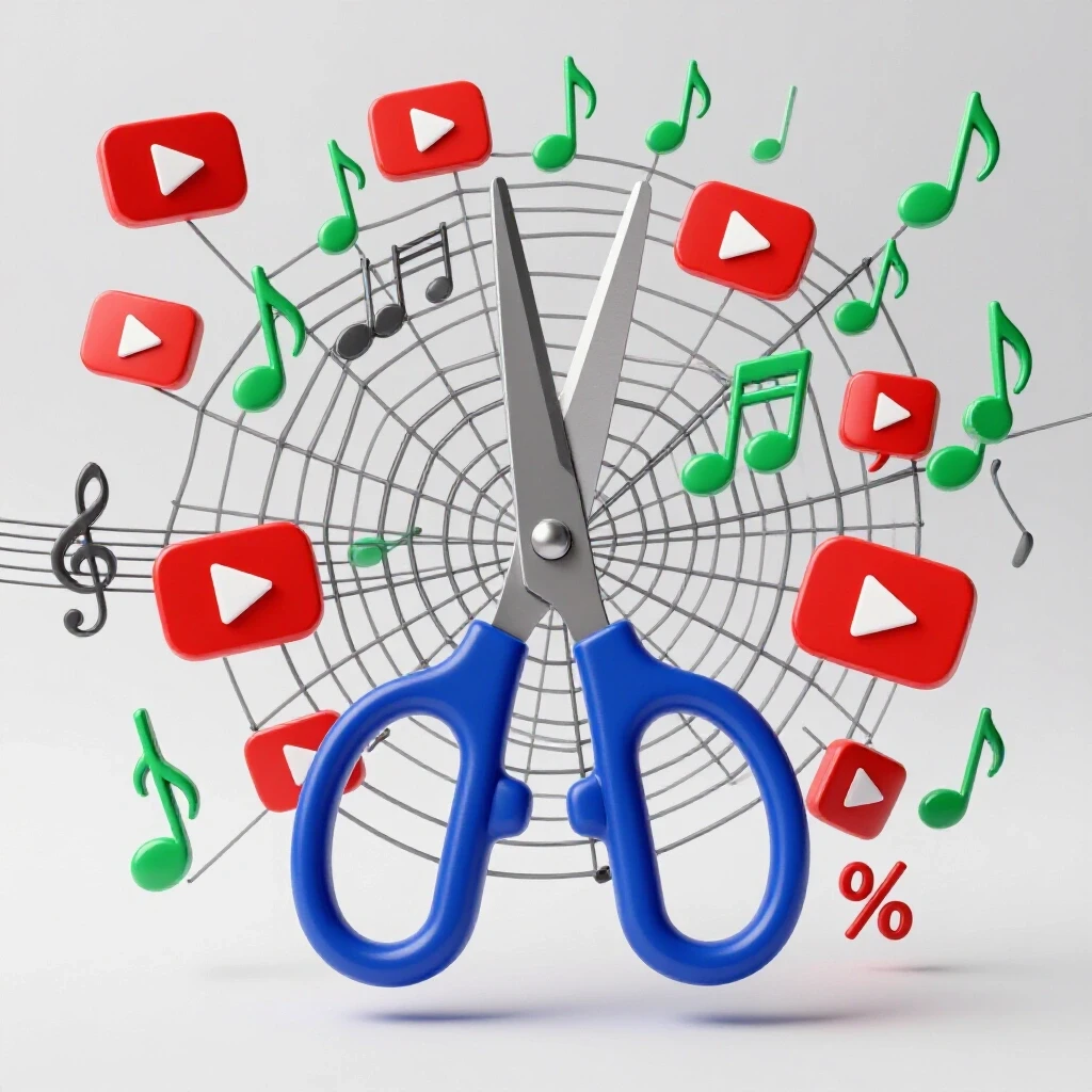 Oversized scissors cutting through a chaotic mix of musical notes and YouTube logos on a bright background.