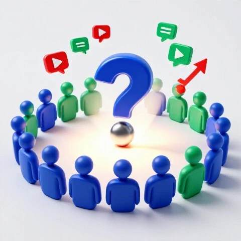 Glossy question mark figure shines spotlight onto crowd, revealing vivid YouTube symbols amid clean white background.